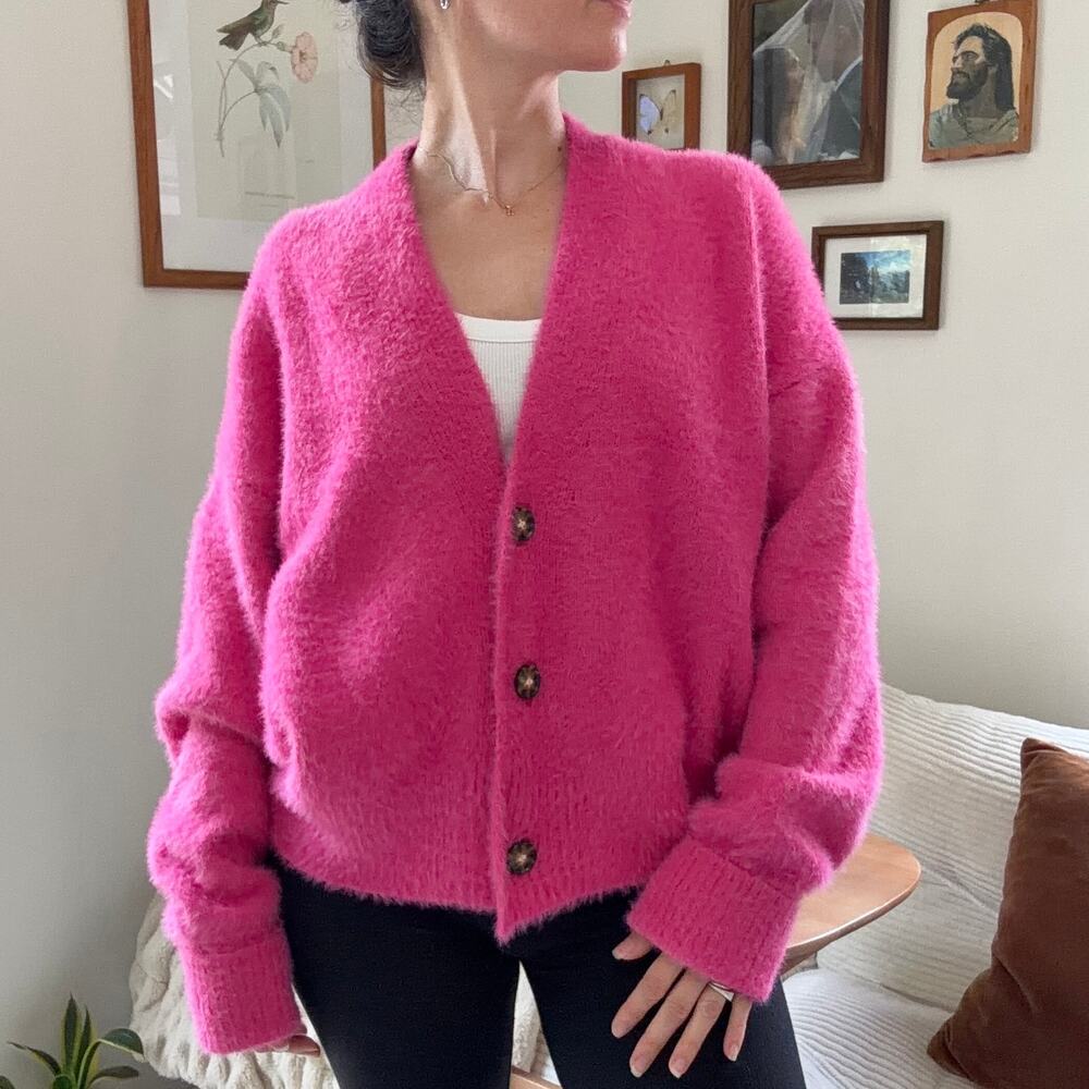 UO Thea Hot Pink Fuzzy Cozy Knit Oversized Cardigan Size S